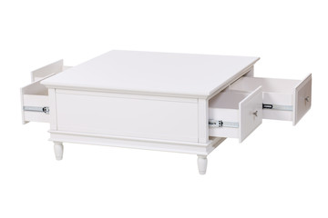 White wooden stand with open drawers over white. With clipping path.