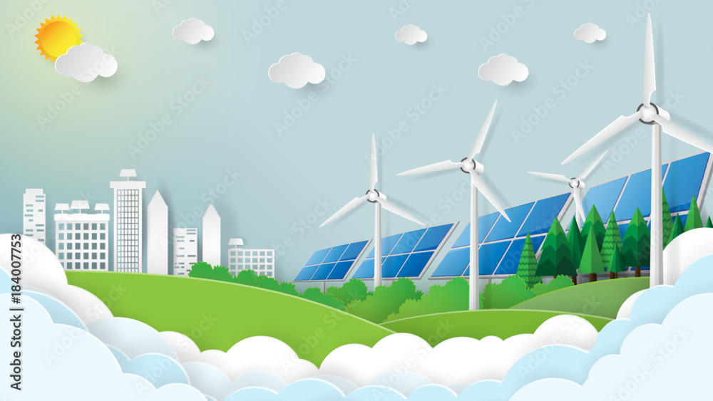Poster nature landscape and green city.save the world and environment concept.paper art style.vector illust