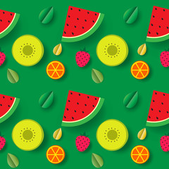 Summer and tropical fruits on geometric shape in seamless pattern background.Vector illustration.