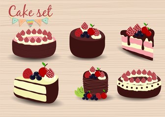 Colorful sweet cakes set. Birthday cakes vector illustration.