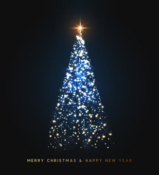 Sparkle magic xmas tree light. Greeting card Merry Christmas and Happy New Year. Vector illustration