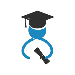 Silhouette of student in graduate cap with diploma in hand. Logo of studiyng. Vector illustration