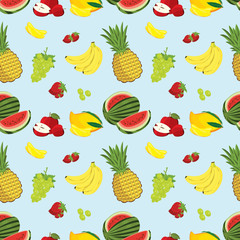 Seamless pattern fruits background with banana, Strawberries, watermelon, mango, grape, apple and pineapple