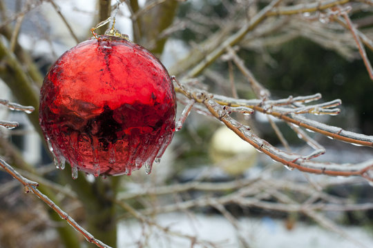 Christmas ornament encased in ice