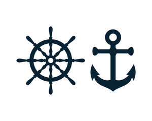 Fototapeta premium Ship and Boat Helm Steering Wheel and Ancor Illustration Logo Symbol