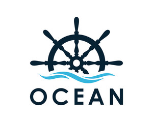 Fototapeta premium Ship and Boat Helm Steering Wheel on The Wave Water Ocean Logo Symbol