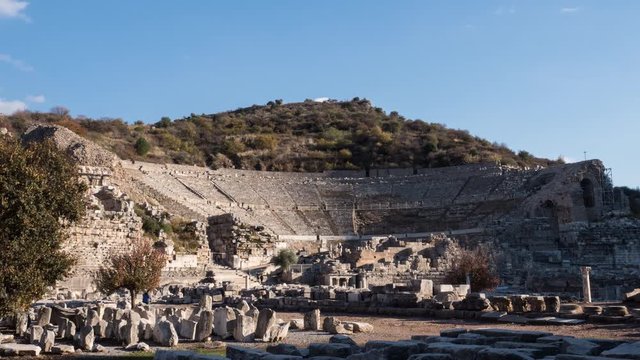 Timelapse Theatre of Ephesus Ancient City at november at sunny day, Turkey.