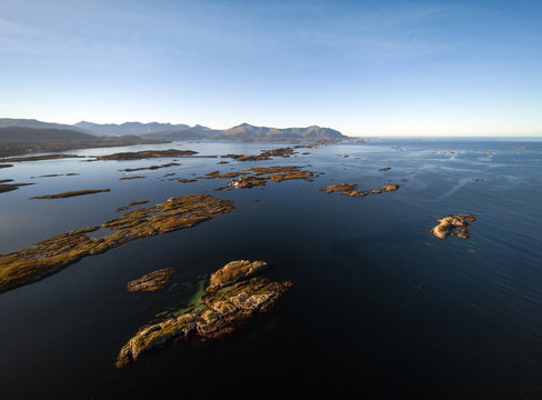 Aerial view of the Archipelago islands close to the Atlantic Ocean Road, Norway