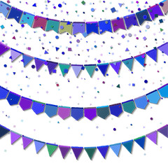Fototapeta premium Bunting party flags. Energetic celebration card. Blue and purple holiday decorations and confetti. Bunting party flags vector illustration.