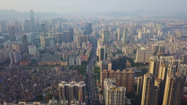 sunset time guangzhou downtown city slum block traffic aerial panorama 4k china
