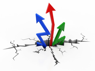 3d arrows reaching out from a crack isolated in white background, Success Concept. 3d render