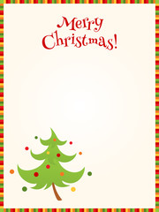 Vector bright Christmas background with colorful striped border, greeting text and illustration of a decorated fir tree. Place for text. Vertical format.