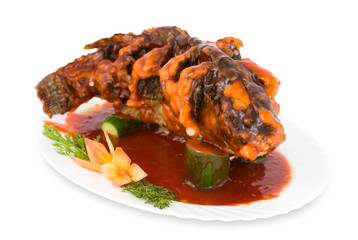 Chinese food. Fried carp with sweet sauce, clipping path.