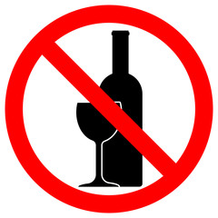 ALCOHOL FREE ZONE sign. Wine bottle and glass icons in crossed out red circle. Vector.