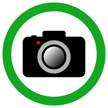 CAMERA ALLOWED AREA sign. Green circle. Vector icon.