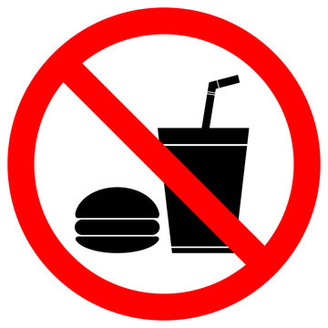 NO FOOD OR DRINKS sign. Paper cup with tubule and hamburger icons in crossed out red circle. Vector.