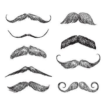 Set of realistic hand drawn vector mustache in black and white illustration