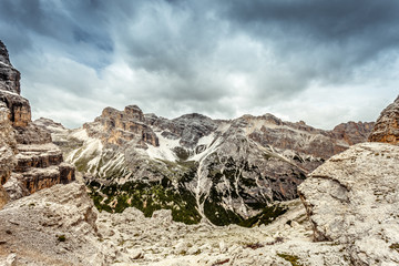 Awesome panorama of Fanis Peaks and Cavallo Mount, Travenanzes Valley, Dolomites, Italy