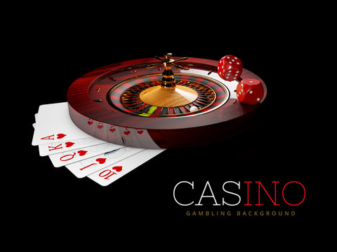 Casino Roulette Wheel with pokers cards and casino Dices. isolated black, 3D Rendering