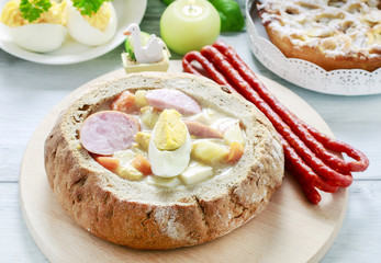 The sour rye soup inside loaf of bread.