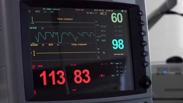 Patient monitor with pulse and blood pressure indicators on it