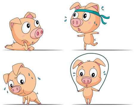 Little pig doing different exercises