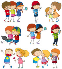 Fototapeta premium Many kids using computer and cellphone