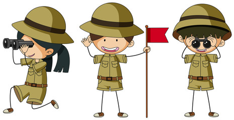 Three scouts in different actions