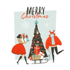 Hand drawn vector abstract fun Merry Christmas time cartoon illustration greeting card with group of people ,surprise gift boxes,Christmas tree and xmas calligraphy isolated on white background