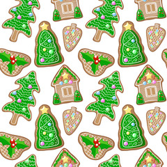 Christmas tree and holly jolly gingerbread figurines vector pattern. Christmas gingerbread seamless pattern