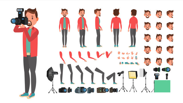Photographer Vector. Taking Pictures. Animated Man Character Creation Set. Full Length, Front, Side, Back View, Accessories, Poses, Face Emotions, Gestures. Isolated Flat Cartoon Illustration