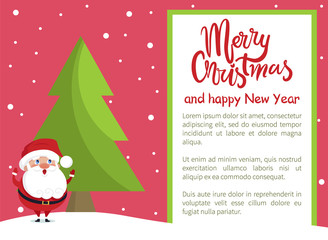Fototapeta na wymiar Merry Christmas Happy New Year Poster Santa Tree