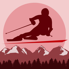 on a background of abstract mountains and sun. a person goes fast on downhill skiing. dark silhouette.
