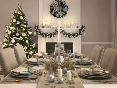 luxury dining room with christmas decoration by day. 3d rendering