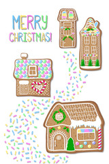 Naklejka premium Christmas postcard with gingerbread houses. Merry Christmas handdrawn vector postcard.