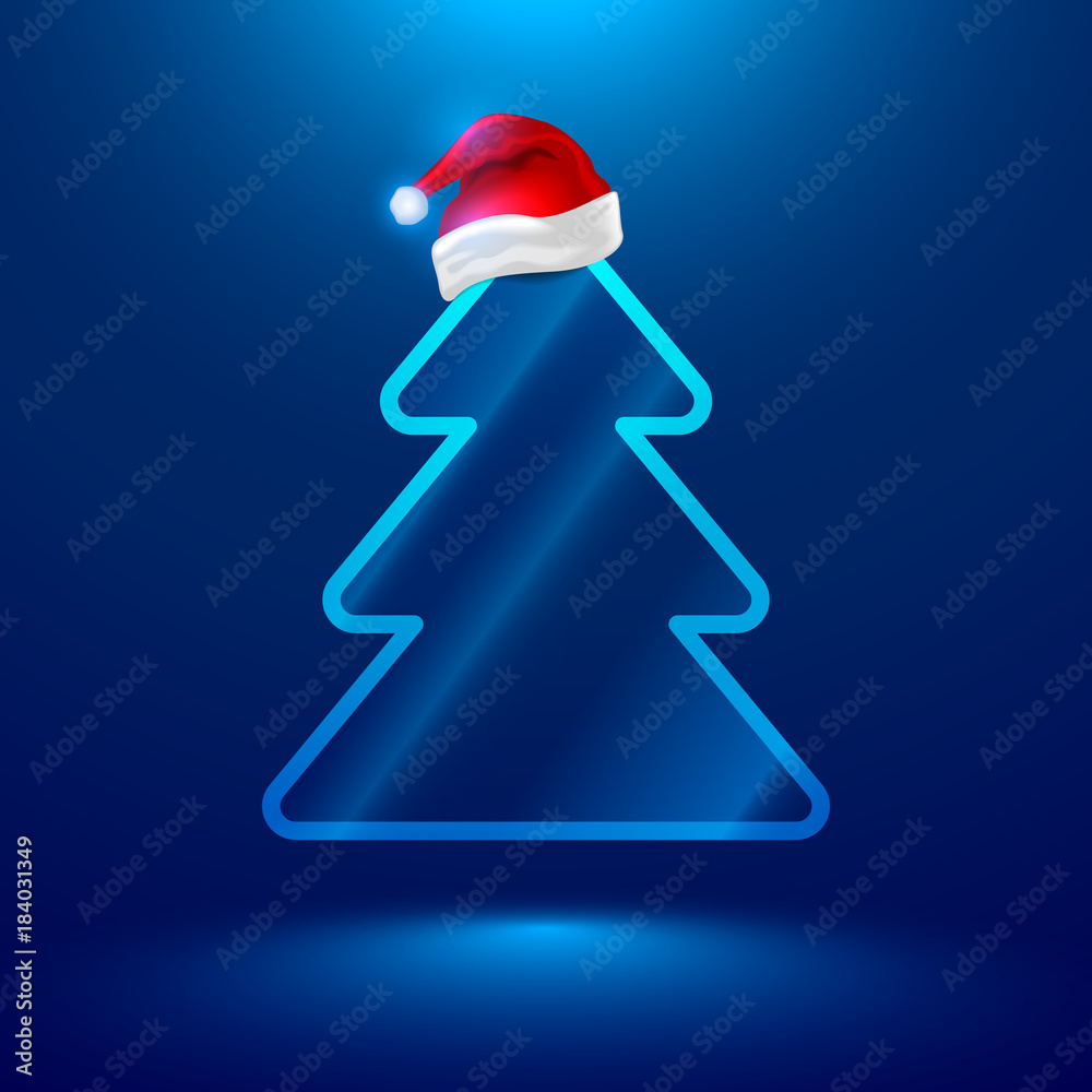 Poster christmas tree with red santa claus hat. simple christmas tree for modern it technologies and electr