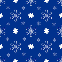Blue christmas seamless pattern. White snowflakes on the blue background