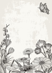 Spring flowers frame hand drawing vintage style on grunge background