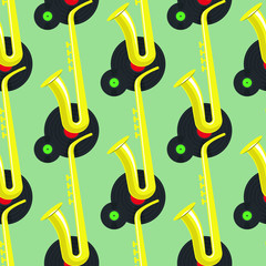 Saxophone and two vinyl discs seamless pattern