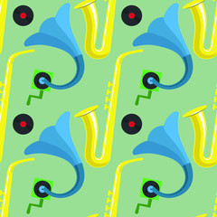 Saxophone, gramophone and vinyl discs  seamless pattern
