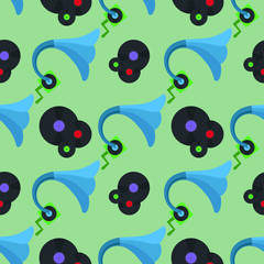 Gramophone and three vinyl discs seamless pattern