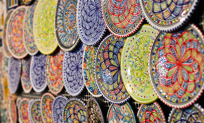 The colorful dishes in the oriental markets