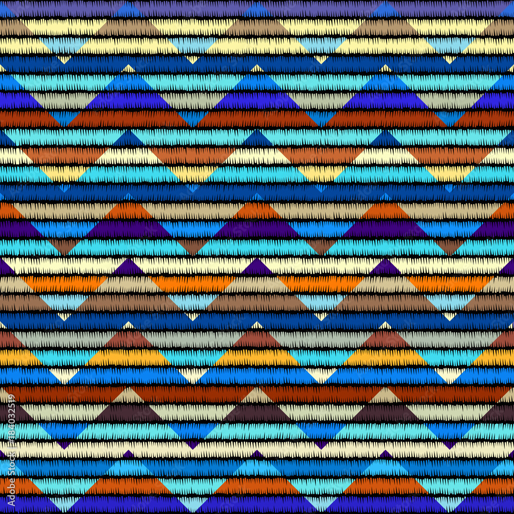 Poster Imitation of geometric embroidery pattern. Colored lines on a black background. Ethnic and tribal motifs. Seamless vector background in the bohemian style.