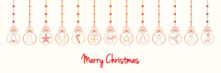 Merry Christmas - wishes on background with hanging baubles. Vector.