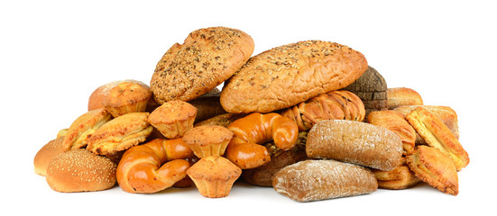 Collection of bread products (buns, baguettes, cereal bread, cupcakes, ciabatta, croissants)