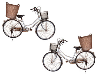 old bicycles with wood basket on white background