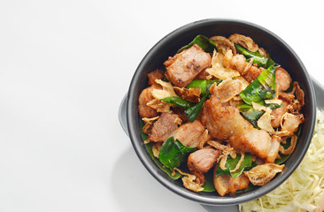 Thai Cuisine , Herb bergamot fried with pork part neck grill on grey background