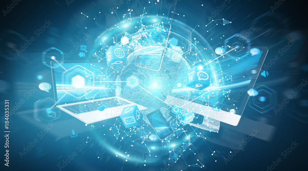 Poster Modern digital devices connected to each other 3D rendering