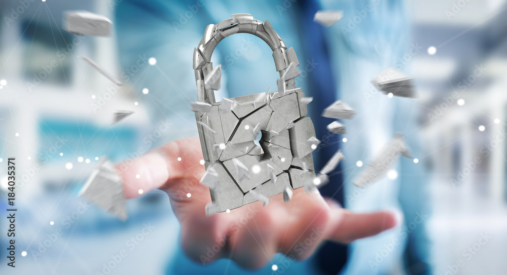 Aufkleber Businessman hacking in broken padlock security 3D rendering