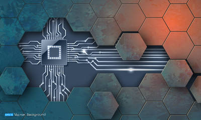 Microchip and grunge hexagons texture